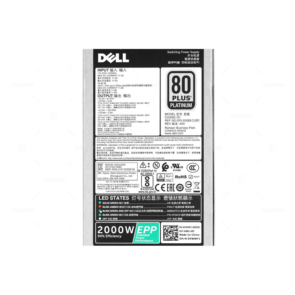 VWWF1 DELL 2000W 80 PLUS PLATINUM POWER SUPPLY FOR R740 R740XD R840 R940